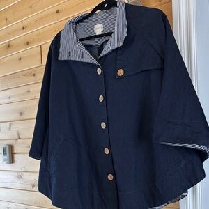 Chico’s Navy Button-Up Jacket with Striped Lining